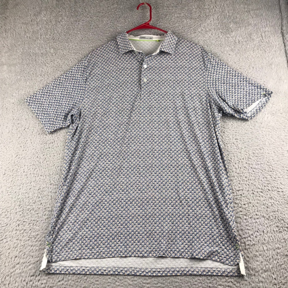 Tasc Performance Polo Shirt Men L Blue Geometric Fan Cloud Performance S/S